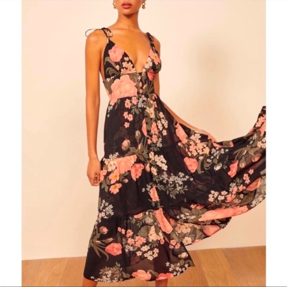 Reformation Jaden Floral Tiered Midi Dress Black Pink Size 4 Smocked Back